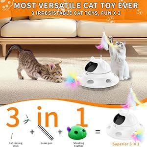 3-in-1 Auto Laser Cat Toy, USB Recharge Motion Activated Kitten Feather Chase Toy - Pure White