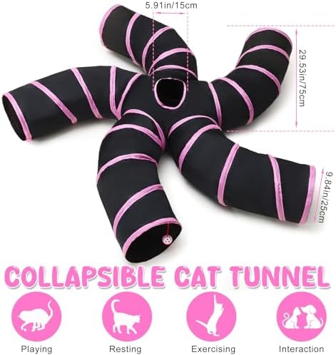 Poen 21 Pcs Cat Tunnel for Indoor Set Collapsible 5 Way Tubes with 20 Pcs Cat Kitten Toys Interactive Feather Toy Mouse Crinkle Balls Tube for Puppy Kitten Rabbit(Pink Black)