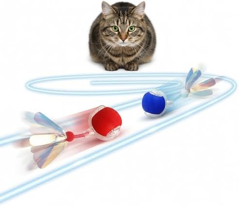 Interactive Cat Toys Ball for Cats - Upgrade Automatic Cat Toys for Indoor Cats, 3 Modes 2 Speed Moving Cat Ball with Dragonfly Feathers 2PCS (Red Blue)