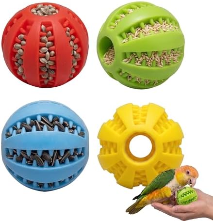 4 Pcs Silicone Bird Foraging Toys, Treat Dispenser Balls with Flexible Gaps for Conures, Parakeets and Cockatiels, Easy to Clean Pet Enrichment Feeder, Red Blue Yellow Green, 2x2 Inches