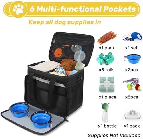 6 Set Dog Travel Bag, Large Pet Travel Kit for Supplies, Black