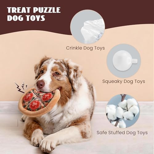Nocciola Hide Treat Seek Pizza Dog Toy- Interactive Enrichment Burrow Snuffle Plush Stuffed Puppy Toys, Fun Crinkle Squeaky Durable Entertained Pet Supplies for Small Medium Large Breed