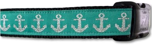 Anchor Dog Collar Large Nautical Pet Collar Handmade Teal and Silver Adjustable 15-22 Inch