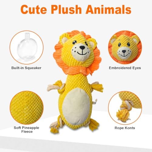 Yellow Lion Plush Chew Dog Toy, 13.8 in, Squeaker and Rope