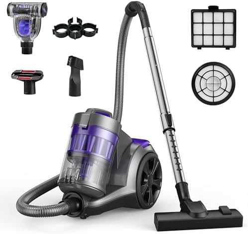 Aspiron 1700W Canister Vacuum Cleaner, 45Kpa Bagless Vacuum Cleaner | Multi-Cyclonic Filtration, 2 Anti-Allergen HEPA Filters, 3.5QT Dust Cup, No Hair Tangles for Hard Floor, Pet Hair, Violet