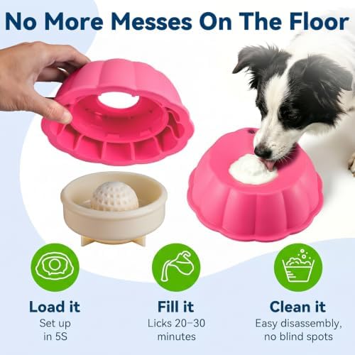 Dog Lick Bowl Ball Slow Feeder, Licking Bowl for Liquid Treat with Rolling Spin Sphere Roller Licker, Licky Feed Calming Anxiety Relief Enrichment Yogurt (Pink)