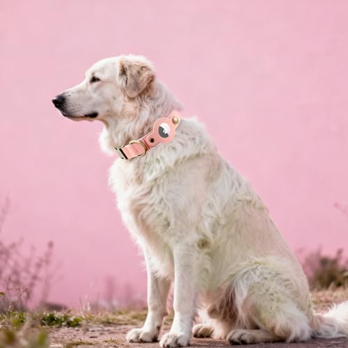 Airtag Dog Collar,PU Leather Collar with Airtag Holder for Large Dogs(Pink)