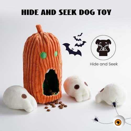 Nocciola Halloween Dog Toys 4 PCS, Pumpkin + 3 Skull Squeaky Dog Toy for Small Puppy Dog to Keep Them Busy, Durable Plush Hide and Seek Dog Toys for Small Medium Dogs