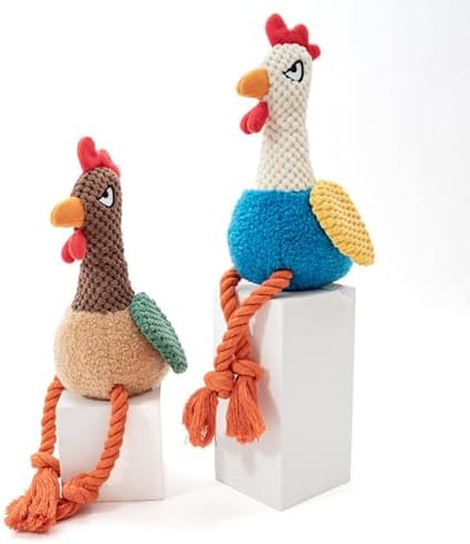Chicken Dog Toy with Sound, Rope Legs for Small Medium Dogs, Colorful Rooster Toy for Tug and Play (Brown+Blue)
