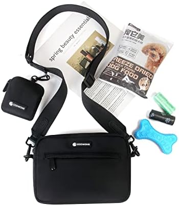 Dog Treat Pouch with Removable Small Pet Training Treat Pouches, Built-in Poop Bag Dispenser, Adjustable Shoulder Strap Cross Body Dog Walking Bag (Black)