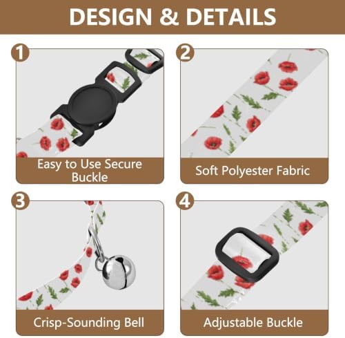Red Poppy Flowers White Pet Collar 2 Pack Collars for Cats Adjustable 10.6 to 17.1 Inches