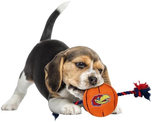NCAA Kansas Jayhawks Basketball Rope Toy for Dogs & Cats. Tough Nylon, Sporty Basketball Design, Heavy-Duty Ropes with Inner Squeaker