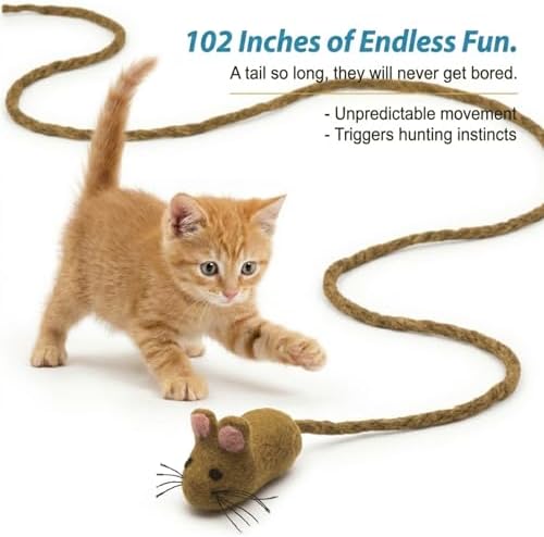 Glaciart One Felt Mouse Cat Toy – Soft Fuzzy Enrichment 100% Natural Wool - Interactive Catnip Play Cat Toy Set - Safe for Pets, Non-AZO Colored Dyes - 100” Long