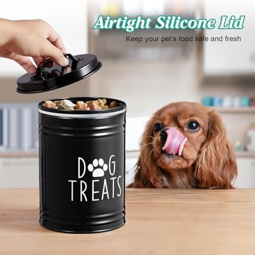 OUTNILI Extra Large Dog Treat Container Airtight - 9" Tall X 6" Round Black Dog Treat Jar for Kitchen Counter - Rustic Treat Storage Canister for Dogs, Cats, Small Animals