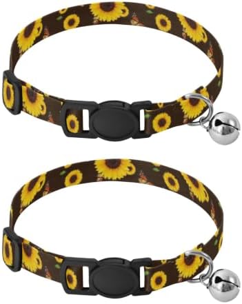 Yellow Sunflowers Butterflies Brown Collar with Bell for Dog Puppy 2 Pack Cat Collar Adjustable 10.6 to 17.1 Inches