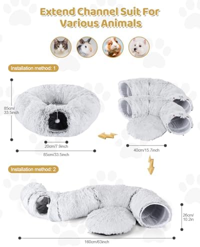 Cat Tunnel Bed with 20 Pcs Interactive Toys, 3-in-1 DIY Collapsible Plush Cat Tube with Washable Mat, Large Indoor Play Tunnel Cave for Kittens and Small Animals