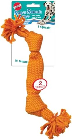 SPOT Super Squeak Rope - Woven Rope with Two Squeakers, Makes Noise When Pulled, Great Toy for Fetch and Tug, for Medium to Large Breed Dogs and Puppies - 14in, 1Pc, Assorted Colors