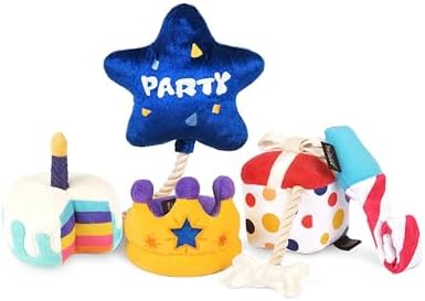 P.L.A.Y. Cute Plush Dog Toys - Birthday Party Celebration Themed Durable Squeaker Chew Toys, for Puppies & Small, Medium, Large Dogs - Machine Washable, Recycled Materials (5 Piece Set, X-Small)