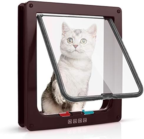 Sailnovo Magnetic Closure 4-Way Cat Flap (L-23.5*25*5.5cm, Brown) - Suitable for Cats and Small Dogs up to 8kg - Easy Installation on Brick, Wood, PVC, and Metal Doors/Walls - Fly Screen Design