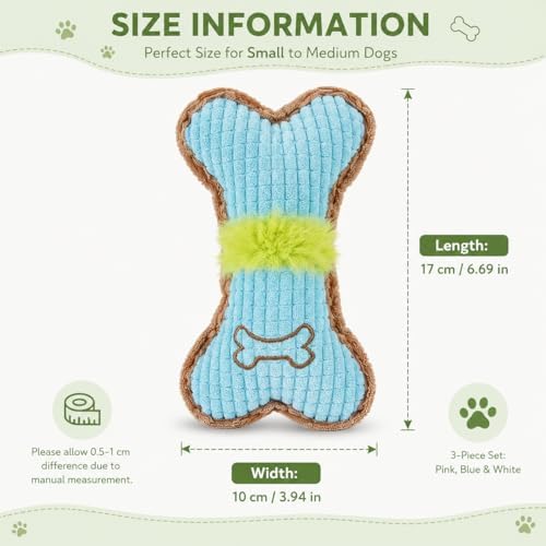 Calming Plush Toys for Dogs, 3 Packs Cute Bone-Shaped Squeaky Toys, Durable Puppy Chew Toy for Small, Medium Dogs