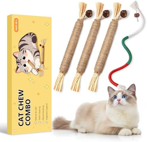 Cat Toys for Indoor Cats, Red, 3 Pcs Silvervine Sticks & 1 Pc Rope