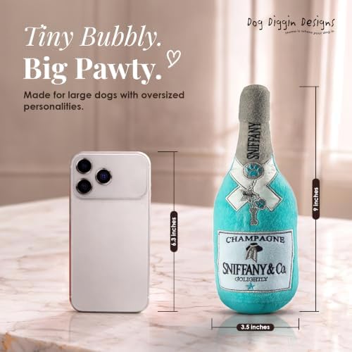 Dog Diggin Designs Sniffany & Co Champagne Plush Dog Toy | Luxury-Inspired Parody Bottle with Built-in Squeaker, Soft Plush Party Dog Toy – Shaken, Not Stirred!