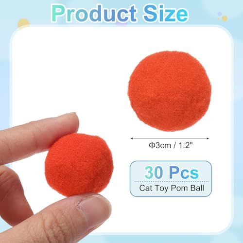 Cat Toy Pom Ball, Interactive Cat Ball Toys Fuzzy Pompoms (Plush, 1.2Inch, 30Pcs, Orange Red) for Kittens Pet Enrichment Training Play Indoor