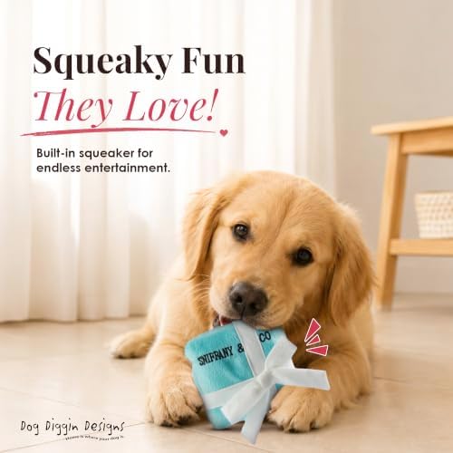 Dog Diggin Designs Sniffany & Co Small Plush Dog Toy Box | Luxury-Inspired Parody Designer Gift Box with Built-in Squeaker, Soft Plush Interactive Dog Toy – Thinking Outside The Box!