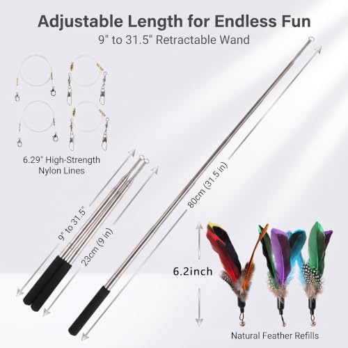 Cat Wand Attachments - Colorful Natural Feather Cat Toy Refills with Bells, Feather Wand Cat Toys for Compatible Teaser Wands (4feather+4wand)
