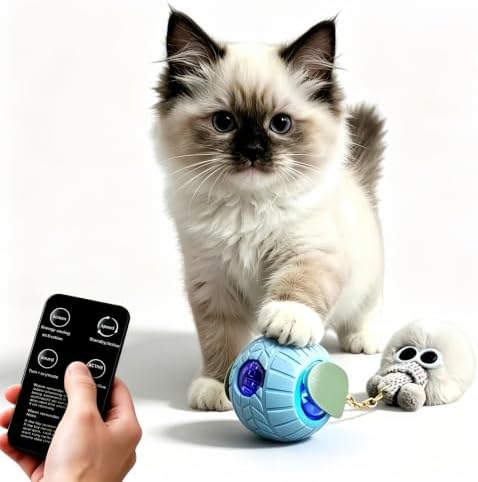 Nicbeypole Intelligent pet Toy Ball, Used for Interactive Chasing of Cats or Dogs, with Battery Display on the Screen, can be remotely Turned Off, Equipped with Bird Songs, self Entertainment (Blue)