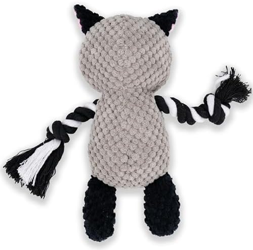 Squeaky Dog Toy Chew Plush Stuffed with Cotton Rope Crinkle Paper Soft Interactive Durable for Small Medium Large Dogs Puppy Pet Coffee Raccoon