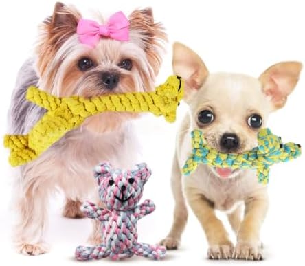 SunGrow Cotton Rope Knot Puppy & Ferret Toys, Tough Teething Chewable Teddy Bear, Giraffe, and Dog, Handwoven for Small Breeds Dog, for Teeth and Gums, Multicolor, 3 Pieces per Pack