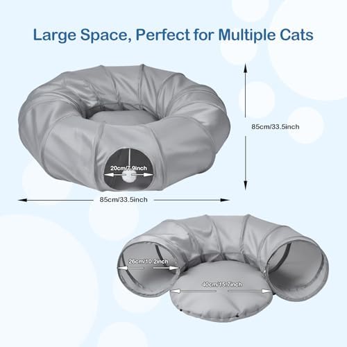 Cat Tunnel Bed with 2Pcs Interactive Toys, 3-in-1 DIY Collapsible Plush Cat Tube with Washable Mat, Large Indoor Play Tunnel Cave for Kittens and Small Animals