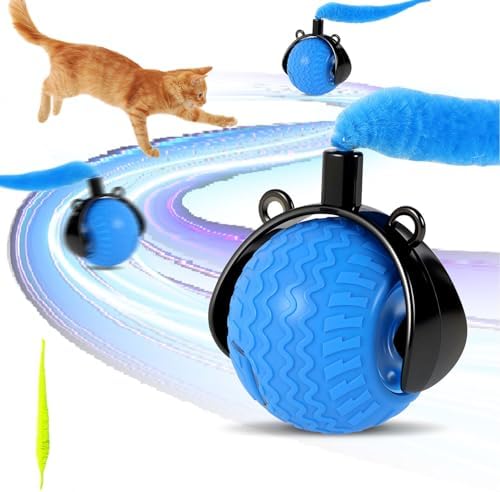 Smart Interactive Cat Toys for Indoor,Automatic Rolling Pet Ball,Teasing Hunting Toy for Kitten,3 Stimulating Modes,USB Recharge and Mouse Tail Toy 2 Tails Bule