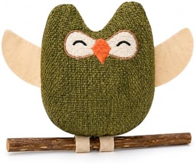 Green Owl Catnip Cat Toy with Natural Stick, Interactive Plush Cat Toy for Indoor Cats, Bite Resistant Kitten Toy for Chewing, Kicking and Stress Relief