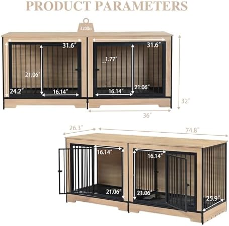 Double XL Dog Crate Furniture, Natural Wooden pet Kennel Cabinet with 4 Doors, Dog cage Furniture and Wood tv Stand with Dog Storage (75inch Natural)