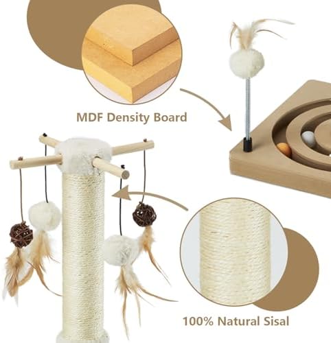 PEEKAB Cat Scratching Post Sisal Scratch Posts for Indoor Cats and Kittens,30 Inches Tall with Tracking Ball Interactive Toys and Hanging Balls Beige