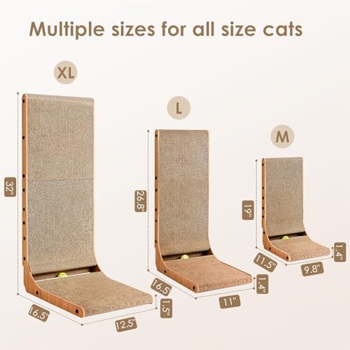 EHEYCIGA Cardboard Cat Scratcher for Indoor Cats, 26.8 Inch L Shaped Vertical Cat Scratching Board with Ball Cat Toy, Large Cat Scratcher Pad, Brown (Pack of 2)