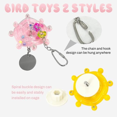 Parakeet Toys, 2 Pack Bird Toys for Parakeets - Interactive Colorful Spinner Wheel Rattle with Bell for Cockatiels, Budgies, Conures, Small Parrot Cage Chewing Exercise Enrichment Toys (Yellow & Pink)
