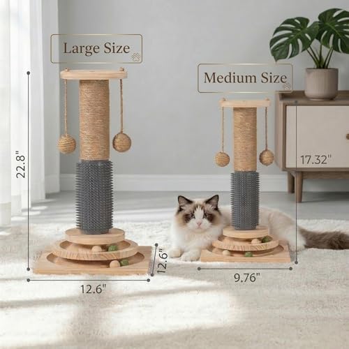 4-in-1 Solid Wood Cat Scratching Post with Self-Groomer, Large Size