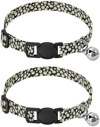 White Daisies Black Collar with Bell for Dog Puppy 2 Pack Dog Collar Adjustable Length 10.6" to 17.1"