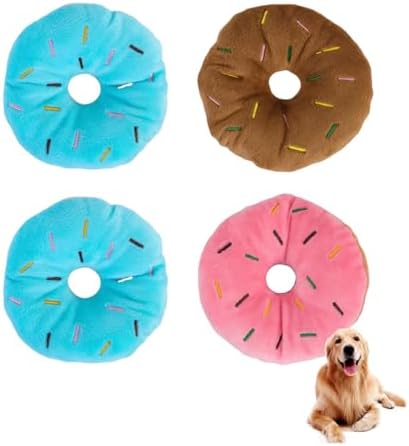 Small Dogs Puppy Squeaky Dog Toy,4-Pack Donut Shaped Interactive Pet Toys,Soft Plush Squeak Toy for Small Dog Exercise (3 Colors)