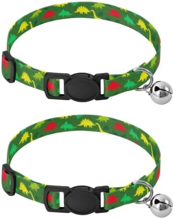 Colorful Dinosaurs Green Decorative Pet Collar with Bell 2 Pack Pet Collars Adjustable Length 10.6" to 17.1"