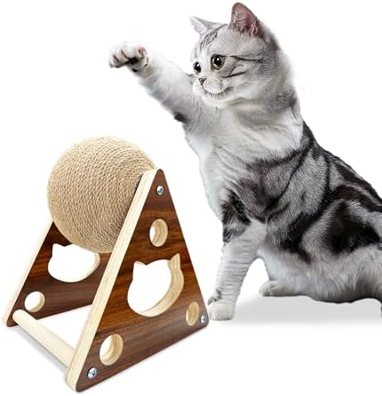 Cat Scratcher Toy,Natural Sisal Rope Cat Scratching Ball Scratcher Toy with Ball for Cats& Kittens&Dogs&Puppy, Interactive Solid Wood Scratcher Pet Toy (Medium)