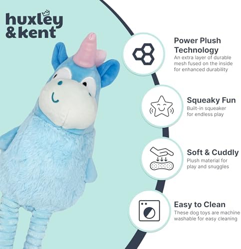 Huxley & Kent Funny Dog Toy w/Squeaker – Power Plush Squeaky Dog Toys for Small, Medium & Large Dogs – Soft Stuffed Animal for Indoor Play & Fetch - Squeak to Crunch - Lankies Luna Unicorn, Large