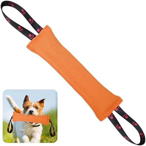 ToLanbbt Dog Tug Toy Bite Jute Pillow Pull Toy with 2 Strong Handles Perfect for Tug of War, Puppy Interactive Play, Tear Resistant Bite Training for Small Medium Large Dogs (Bright Orange-Footprint)