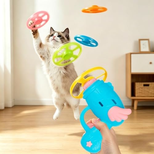 17 Pcs Cat Fetch Toy with Colorful Flying Propellers Set, Additional Flying Discs for Outdoor & Indoor Pet Chasing Training Hunting, Interactive Cat Propeller Toy(Wing Pink + Blue)