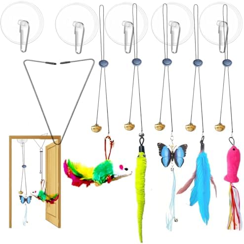 Door Hanging Cat Toys with Suction Cups, Interactive Hanging Feather & Plush Cat Toy with Bell, Assorted Replaceable Refills for Indoor Kitten Hunting Exercise & Boredom Relief (5 Pcs Assorted)