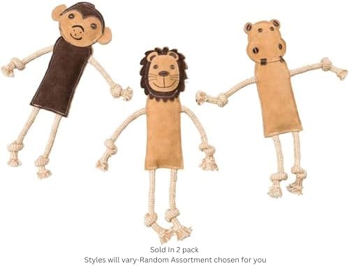 Dura-Fused Leather Jungle Animals Dog Toy, Squeaky with Rope Limbs, Real Leather and Jute, 14 Inch, Assorted Styles, 2 Pack