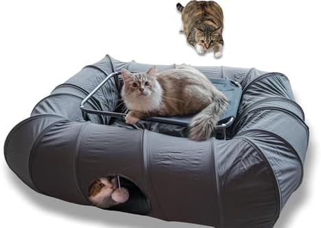 XxingSheep 2-Tier Cat Tunnel & Hammock Bed XXL, 4 Cave Shuttle with Elevated for Multiple Cats Toy Dark Grey